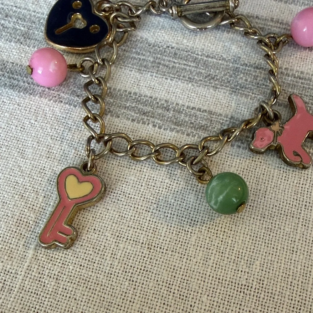 Kids Pink Key & Puppy Charm Bracelet - Gold Chain
